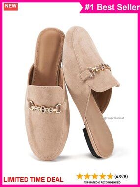 Faux Suede Slip On Mules with Crystal Buckle Low Heel Comfortable